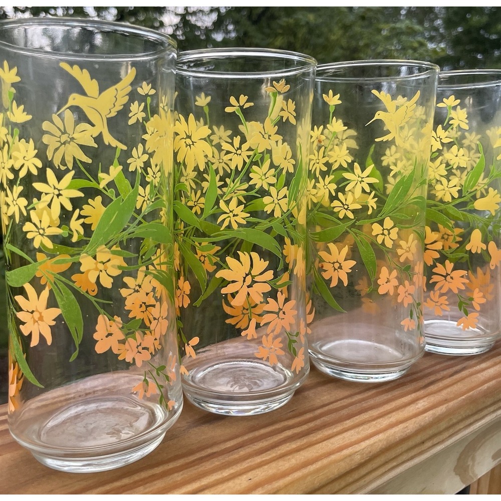 Vintage Hummingbird Floral Drinking Glasses Set 4 Yellow Orange Retro Tumblers